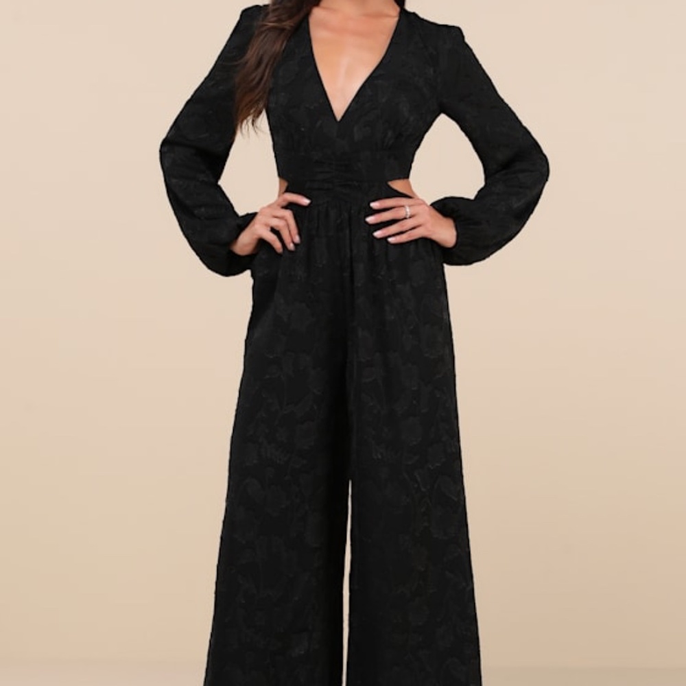 Lulus Ravishing Marvel Black Burnout Floral Cutout Wide-leg Jumpsuit - Size S